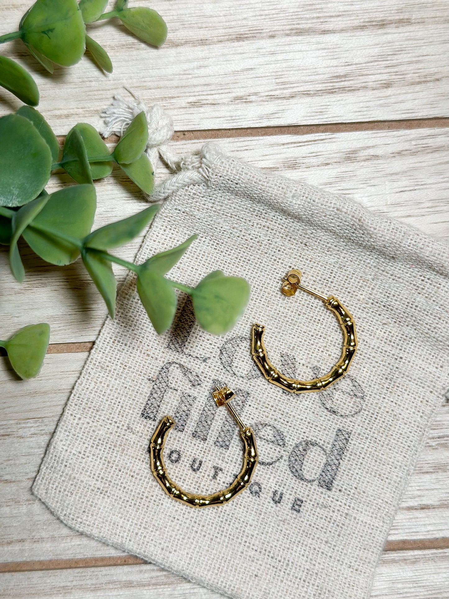 Gold Bamboo Hoop Earrings| Gold Plated Stainless Steel